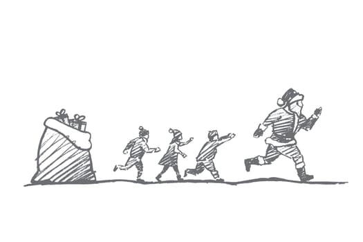 Vector hand drawn Christmas concept sketch. Small children trying to catch up running away Santa Claus
