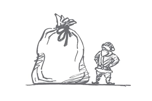 Vector hand drawn Christmas concept sketch. Santa Claus standing and looking at huge tied bag with presents