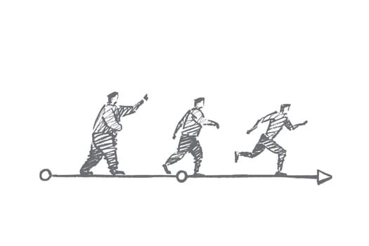 Vector hand drawn Diet sport concept sketch. Man running and transforming his body type from fat to slim