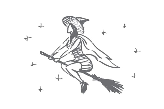 Vector hand drawn Halloween concept sketch. Halloween magic woman flying on broomstick in night sky full of stars