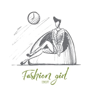 Vector hand drawn Fashion girl concept sketch. Stylish woman in mini dress with cute hairstyle sitting on fashionable chair under wall clock. Lettering Fashion girl concept