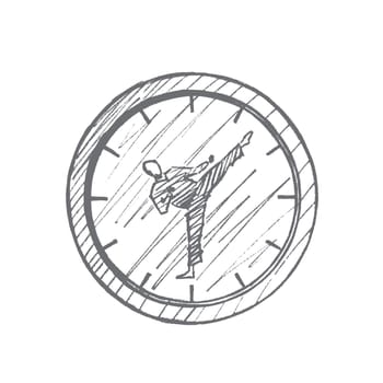 Vector hand drawn Fight clock concept sketch. Clock with hitting karateka instead of clock hands