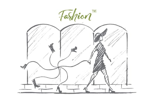 Vector hand drawn Fashion time concept sketch. Stylish woman in dress and hat walking alone and carrying bunch of new footwear tied with rope. Lettering Fashion time