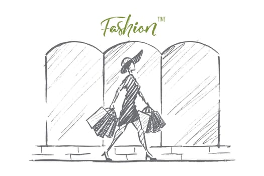 Vector hand drawn Fashion time concept sketch. Stylish woman in dress and hat walking alone with many shopping bags. Lettering Fashion time