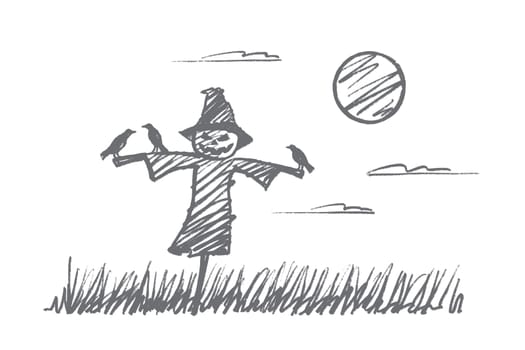 Vector hand drawn Halloween concept sketch. Scarecrow made of sticks and pumpkin with scary face and little crows sitting on its hands during full moon at night