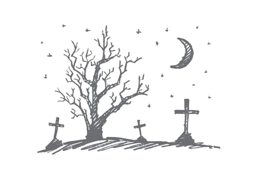 Vector hand drawn Halloween concept sketch. Cemetery with graves, lonely autumn dry wood and moon in night sky