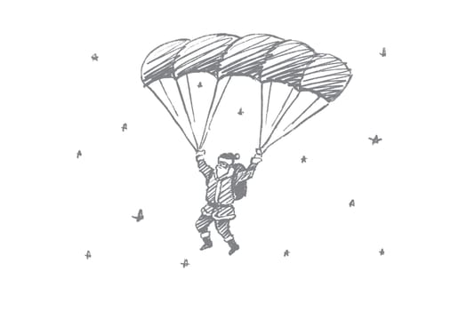 Vector hand drawn Santa Claus concept sketch. Santa Claus flying down on parachute in the air full of snowflakes