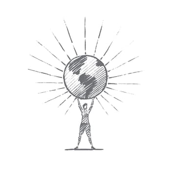 Vector hand drawn Planet Earth concept sketch. Woman standing and holding big shining globe on raised hands