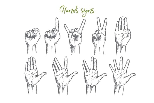 Vector hand drawn Hand signs concept sketch. Set of human palms with different gestures meaning different signs. Lettering Hands signs