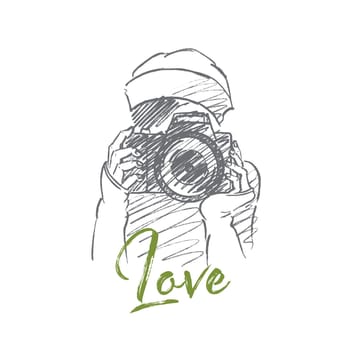 Vector hand drawn Love photo concept sketch. Young hipster girl holding camera and making photo. Lettering Love