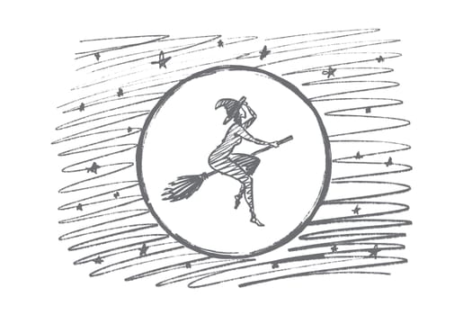 Vector hand drawn Halloween magic woman concept sketch. Halloween naked woman in cap flying on broom stick in sky in front of big full Moon