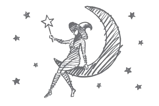 Vector hand drawn Halloween magic girl concept sketch. Halloween girl in cap sitting on Moon in sky with stars and holding magic wand in hand