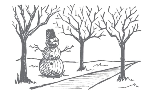 Vector hand drawn Halloween concept sketch. Snowman made of three pumpkins with scary mans face, bucket on head and dry tree twigs as hands standing near autumn alley