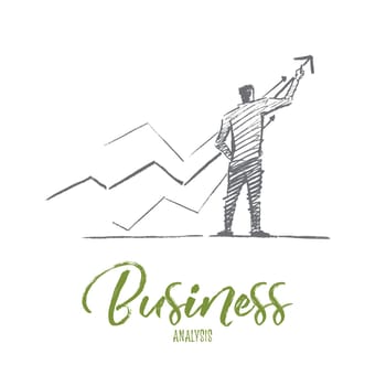 Vector hand drawn business analysis sketch and success concept. Businessman backwards drawing indicators of positive dynamics and business analysis. Lettering Business analysis