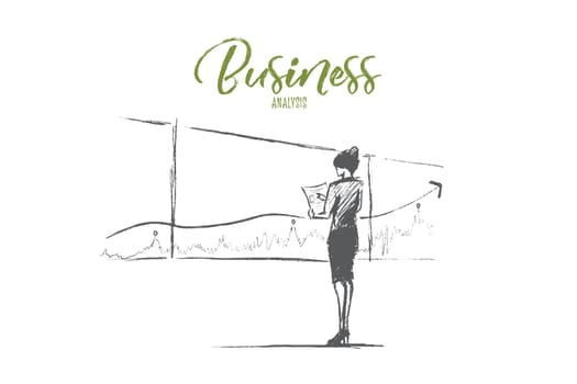 Hand drawn business analysis sketch and success concept. Business woman in office clothes standing and looking at presentation of positive dynamics and business analysis. Lettering Business analysis