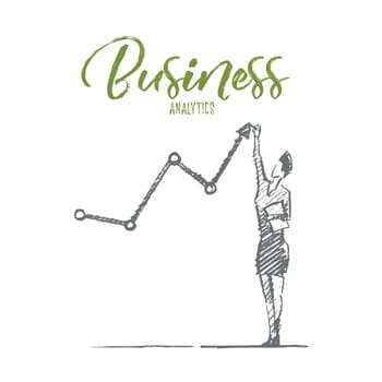 Vector hand drawn business analytics sketch and success concept. Business woman standing and drawing indicators of positive business dynamics by hand. Lettering Business analytics