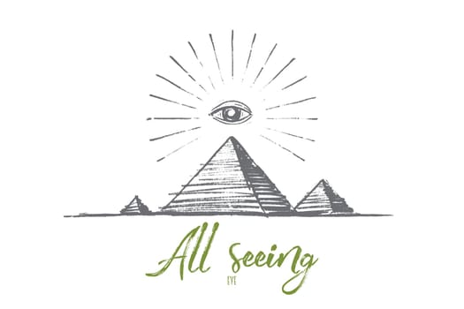 Vector hand drawn all seeing eye concept sketch. All seeing eye or eye of providence pyramid symbol. Lettering All seeing eye