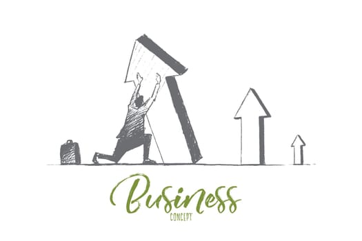 Vector hand drawn business concept sketch. Businessman sitting on his haunches and trying to lift falling indicator of growth by hands. Lettering Business concept