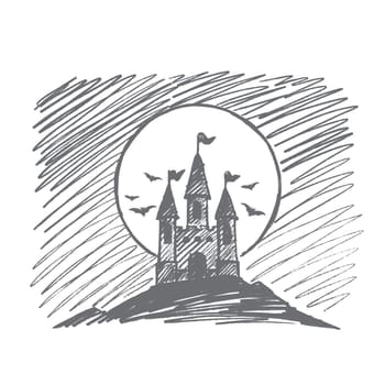 Vector hand drawn Halloween concept sketch. Halloween count Dracula castle on hill at night, flying bats and big full moon at background