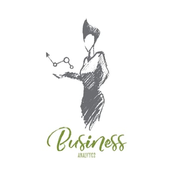 Vector hand drawn business analytics sketch and success concept. Business woman holding symbol of positive business dynamics in hands. Lettering Business analytics
