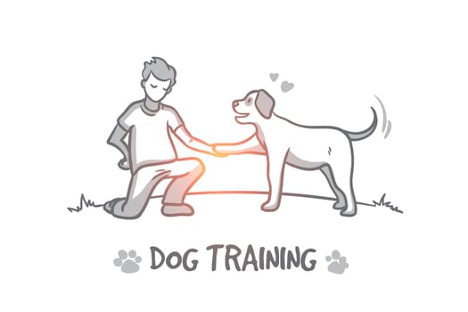 Dog training concept. Hand drawn outdoor dog training process. Instructor for animals isolated vector illustration.