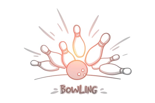 Bowling concept. Hand drawn skittles and bowling ball on the playing field. Bowling ball is making a strike isolated vector illustration.