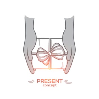 Present concept. Hand drawn hands holding gift box with as a present. Present box with rope bow ribbon, top view isolated vector illustration.