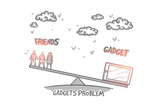 Gadgets problem concept. Hand drawn choice between gadget and friends. Problem of choice isolated vector illustration.
