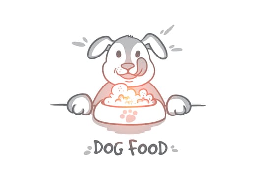 Dog food concept. Hand drawn hungry dog behind a big mound of food. Pet eating food isolated vector illustration.