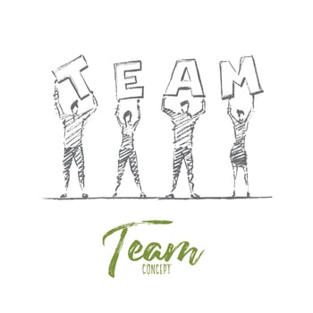 Vector hand drawn team concept sketch. Group of people standing and holding letters of the word TEAM on raised hands. Lettering Team concept