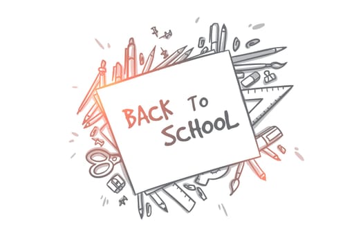 Back to school concept. Hand drawn school supplies top view. School accessories scissors, books, ruler, pencils isolated vector illustration.