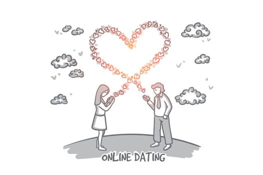 Online dating concept. Hand drawn young man and woman sending love messages. Happy woman sending love text message on mobile phone isolated vector illustration.