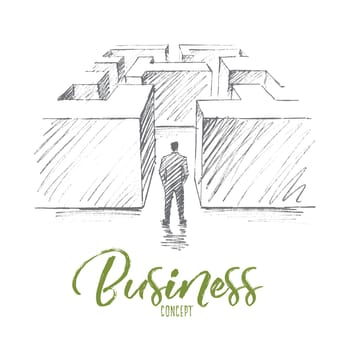 Vector hand drawn business concept sketch. Bisinessman standing backwards at entrance of maze and hesitating whether to go or not. Lettering Business concept