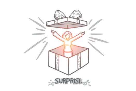 Surprise concept. Hand drawn woman jumping from present box. Big gift box isolated vector illustration.