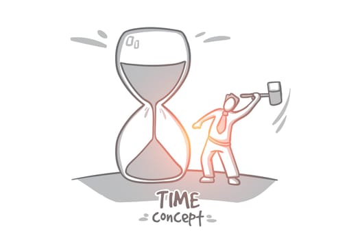 Time concept. Hand drawn hourglass time passing. man truing stop time isolated vector illustration.