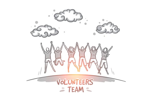 Vegan concept. Hand drawn group of happy volunteers celebrating success. Community of people doing charity isolated vector illustration.