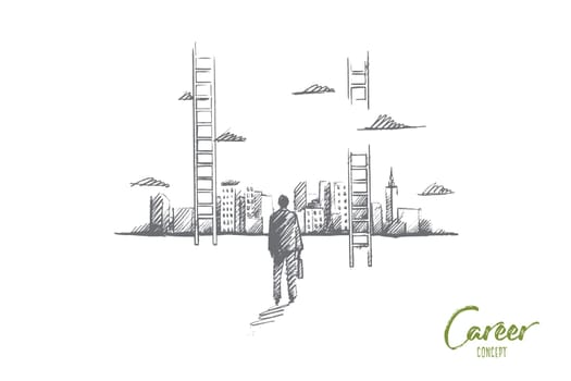 Vector hand drawn Career concept sketch. Businessman rear view standing and looking at skyscrappers of big city and ladder to sky