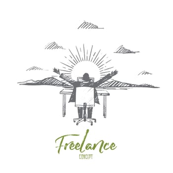 Vector hand drawn Freelance concept sketch. Man sitting on chair rear view and working with his laptop with hands raised, mountains and sun at background