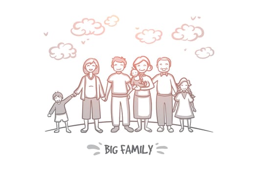 Big family concept. Hand drawn large group of people one family. Mother, father, children, grandmother and grandfather isolated vector illustration.
