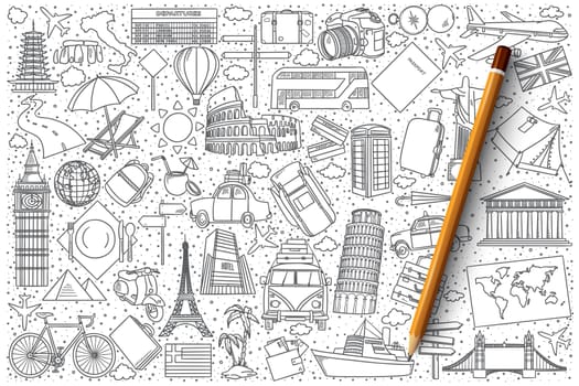 Hand drawn set of travel vector doodles