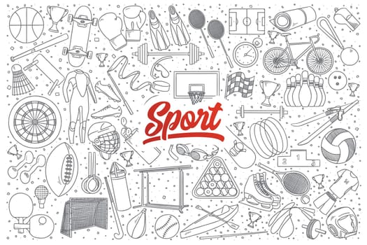 Hand drawn set of sport doodles with red lettering in vector