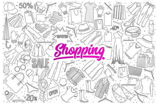 Hand drawn set of shopping doodles with pink lettering in vector