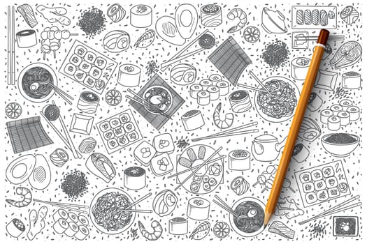 Hand drawn set of Japanese food doodles