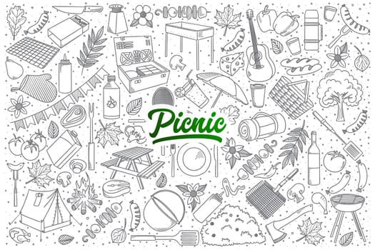 Hand drawn set of picnic doodles with green lettering in vector