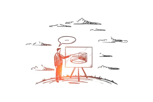 Coaching concept. Hand drawn man coach near board. Male person in suit with pointer coaching isolated vector illustration.