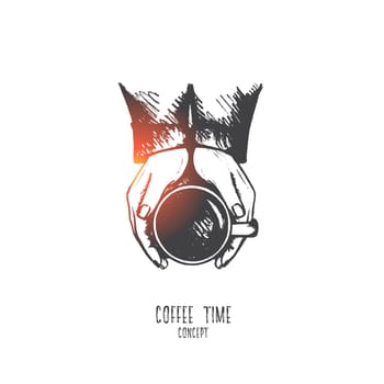 Coffee time concept. Hand drawn hands with cup of coffee, top view. Concept of a coffee break, a pleasant time of rest isolated vector illustration.