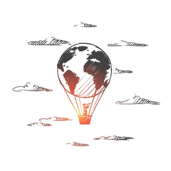 Globalization concept. Hand drawn flying balloon with man. Balloon in the form of the globe isolated vector illustration.