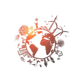 Ecology concept. Hand drawn sustainable ecological environment. Harmony living with nature isolated vector illustration.