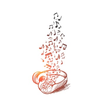 Music concept. Hand drawn headphone with flying musical notes. Audio music isolated vector illustration.