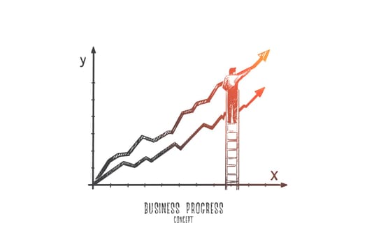 Business progress concept. Hand drawn business man making schedule grew up. Axis x and y and growing schedule isolated vector illustration.